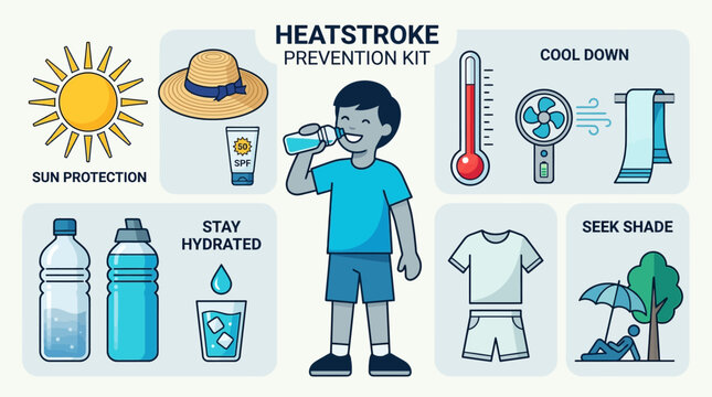 Heatstroke Prevention Infographic with Summer Safety Tips for Sun Protection, Hydration, and Cooling Down