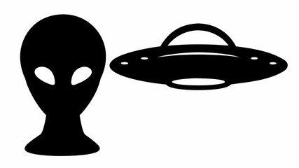 Alien head and ufo silhouette emblem in black on white background for sci fi designs © Ubaid