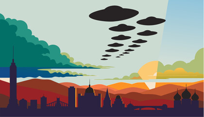 Multiple ufos flying in formation silhouette against vibrant sunset city skyline with mountains © Ubaid
