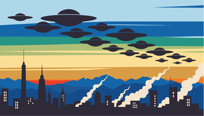 Multiple ufos flying in formation silhouette against vibrant sunset city skyline with mountains © Ubaid