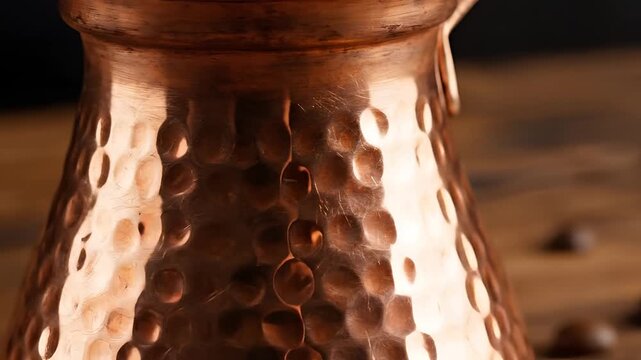 Closeup of a hammered copper Turkish coffee pot with coffee beans.