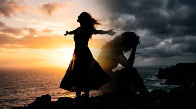 Conceptual silhouette of woman transitioning from despair to hope
