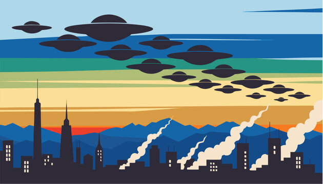 Multiple ufos flying in formation silhouette against vibrant sunset city skyline with mountains