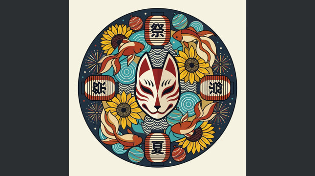 Japanese Matsuri Summer Festival Illustration with Kitsune Mask, Goldfish, and Traditional Lanterns in a Circular Emblem Design