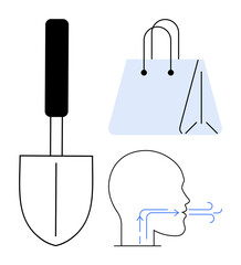 Fototapeta premium Gardening, sustainability, shopping, environmental health, breathing techniques, lifestyle. A shovel, shopping bag and head with airflow arrows. Gardening and sustainability concept