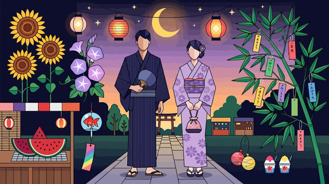 Japanese Summer Festival Matsuri Illustration with Couple in Yukata, Tanabata Bamboo, and Traditional Food Stalls under the Moonlight