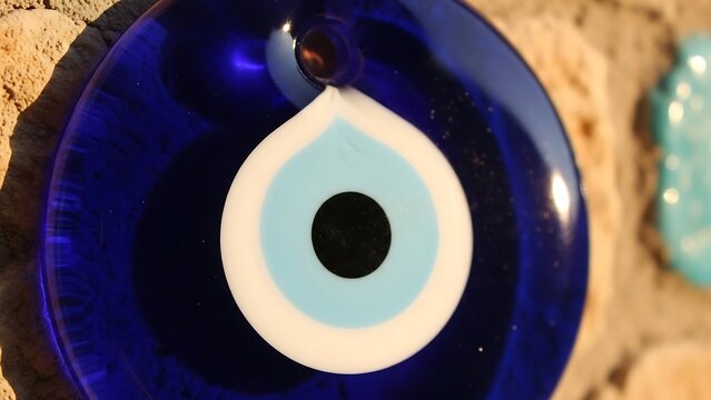Blue evil eye bead closeup.