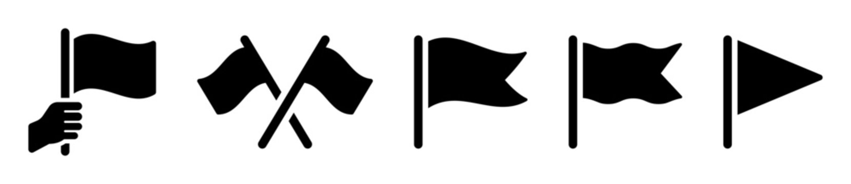 Flag icon set including crossed flags, triangle flags, waving flags and hand holding flag. Minimalist solid black silhouettes for sport, navigation, and UI design.