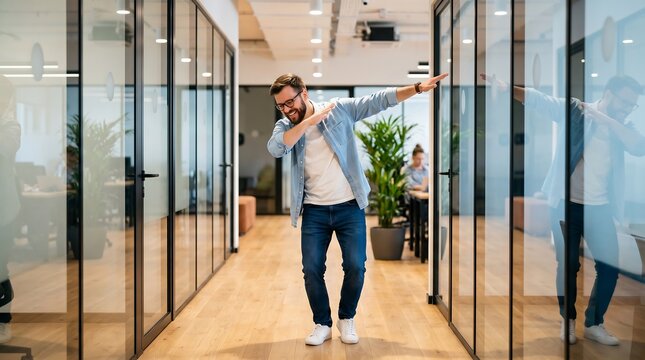Happy businessman celebrating success with dab dance in modern office