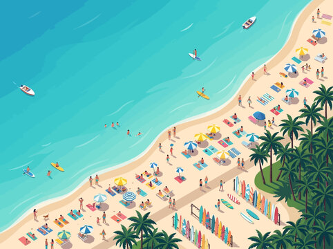 Isometric Tropical Beach Resort Illustration with People Sunbathing, Swimming, and Surfing in Turquoise Ocean Water