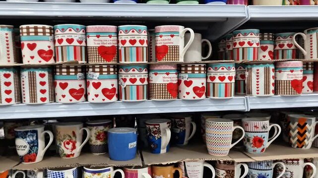 Sidoarjo, Indonesia - 4 May, 2026: Colorful Romantic Coffee Mugs with Heart Patterns Displayed on Retail Store Shelf