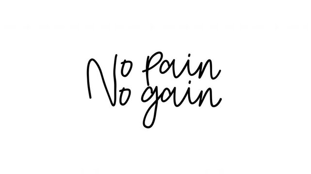 No pain no gain animated handwriting brush script text on white background. Bold write-on kinetic typography for gym, fitness, sports, workout motivation, and social media content