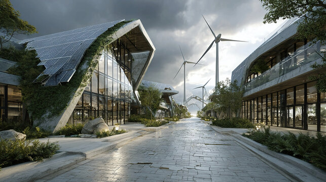 Architectural rendering of a green tech park with solar panels wind turbines and sustainable landscaping highlighting innovation environmental responsibility and futuristic eco-friendly development