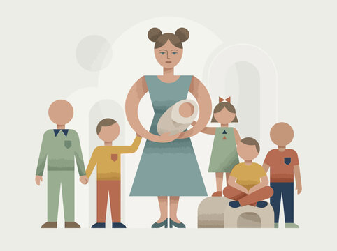 Stylized Large Family Illustration with Mother Holding Newborn Baby and Father with Children in Flat Geometric Design