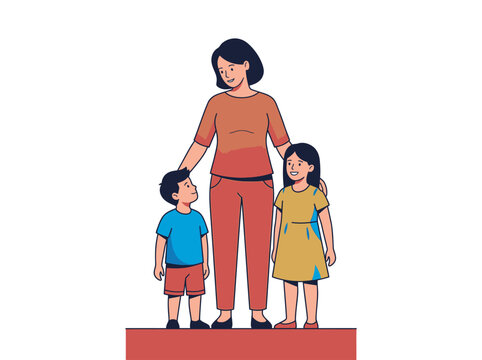 Happy Mother with Two Children Illustration - Flat Vector Family Concept