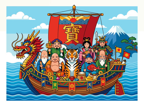 Japanese Seven Lucky Gods (Shichifukujin) on Takarabune Treasure Ship with Dragon and Tiger Illustration for New Year and Prosperity