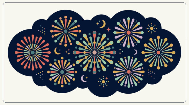 Retro Flat Illustration of Fireworks and Celestial Elements in a Stylized Night Sky Cloud, Mid-Century Modern Minimalist Celebration Graphic