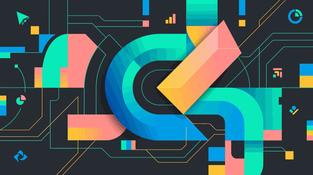 Modern Abstract Technology Background with Colorful Geometric Shapes, 3D Gradients, and Circuit Lines for Digital Data Visualization and Innovation Concept