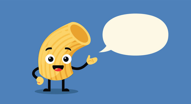 Cheerful pasta macaroni character with big eyes and a wide smile pointing towards an empty white speech bubble on a blue background.