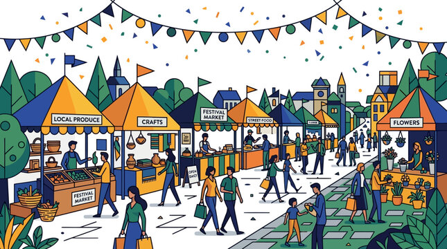 Vibrant Outdoor Festival Market with Craft Stalls, Local Produce, and Street Food Vendors in a Town Square Vector Illustration