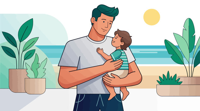 Happy Father Holding His Little Son on Tropical Beach Vacation, Flat Vector Illustration of Family Bonding