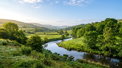 Fototapeta premium Serene countryside landscape with a winding river and lush greenery under a blue sky
