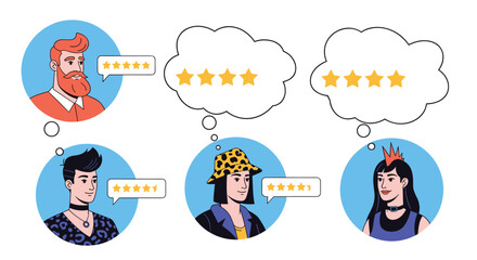 Fototapeta premium Diverse people provide feedback with five star ratings representing positive customer experience and high service quality in a business context.