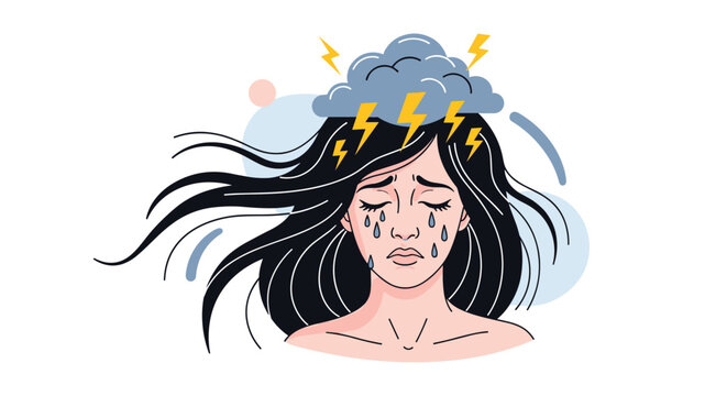 Illustration of a woman in tears with a dark storm cloud and lightning above her head representing mental health issues and emotional pain.