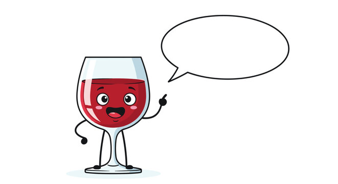 Happy red wine glass character with a friendly expression and a speech bubble for wine tasting notes or party invitations.