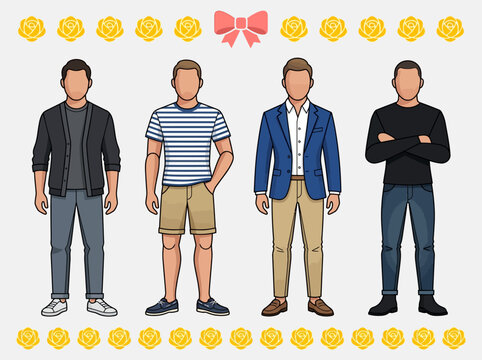 Male Character Fashion Style Set: Diverse Men's Outfits and Clothing Illustrations