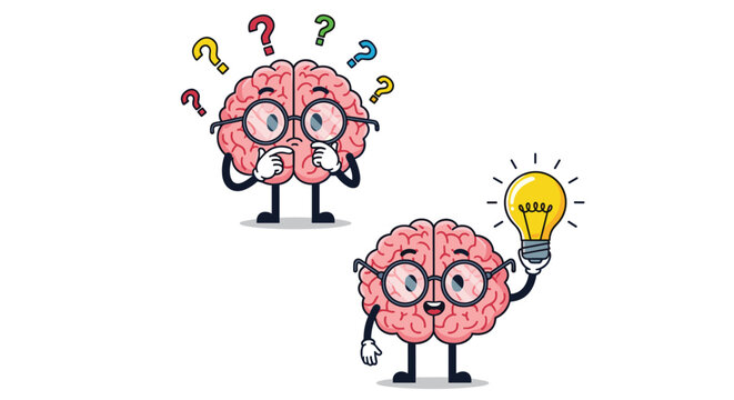 Pair of brain characters with glasses showing a progression from a state of questioning and confusion to an enlightened idea with a light bulb.