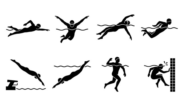 Collection of various swimming styles and movements in black silhouette.