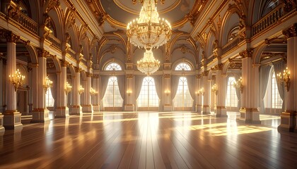 Fototapeta premium A luxurious empty ballroom with elegant chandeliers and arched windows