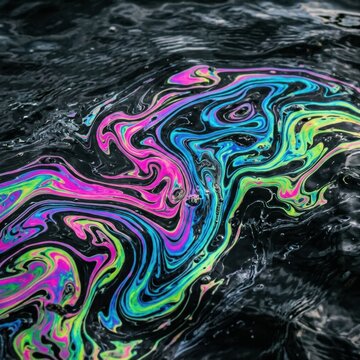 A slick surface shows swirling colors that blend to form a rainbow of patterns. The iridescent effect catches light and draws the eye.