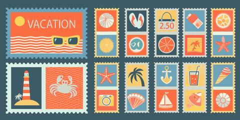 Colorful travel themed postage stamps collection with vacation icons and retro style high quality professional © Apurba