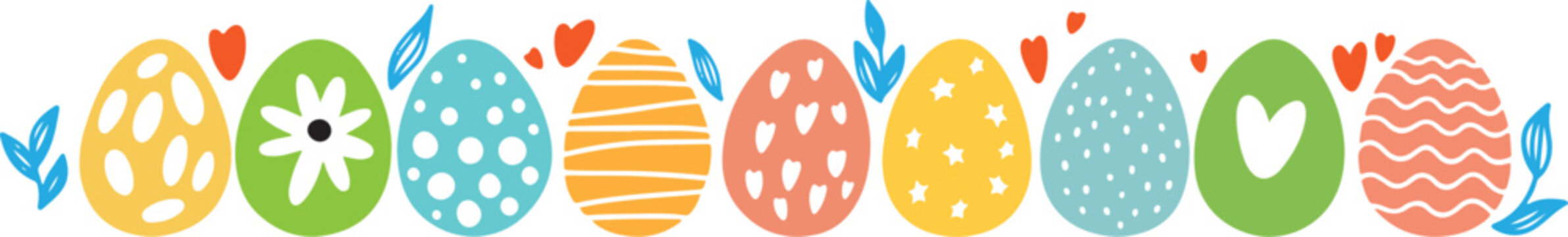 Decorative colorful easter eggs arranged in a horizontal row featuring various patterns including stripes hearts and flowers in this illustration