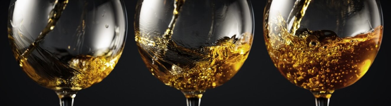 White wine of rich amber color being poured into a glass.