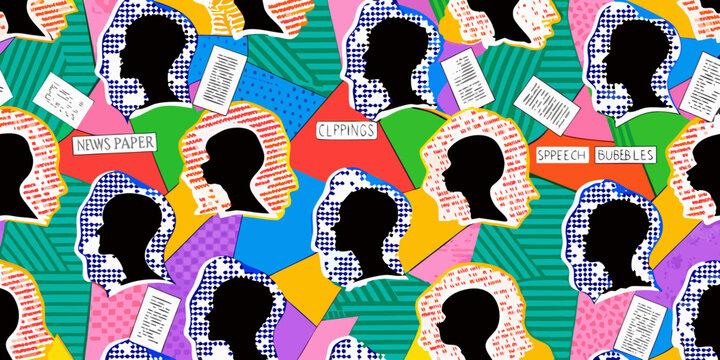 Collage of black head silhouettes with colorful abstract shapes and newspaper clippings high quality professional