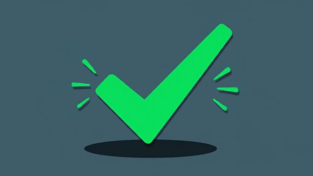 Flat, bright green checkmark icon on dark textured background with shadow