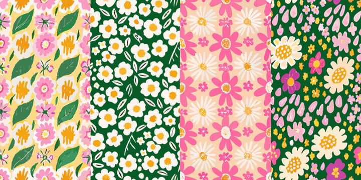 Repeating floral pattern set of four colorful panels with daisy and wildflower motifs high quality