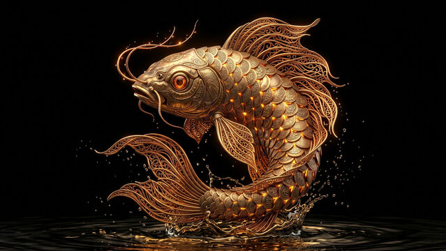 Magnificent koi fish rendered as living bronze gold metallic sculpture with hammered engraved scales glowing amber gemstone eye and copper tail fins on pure black background