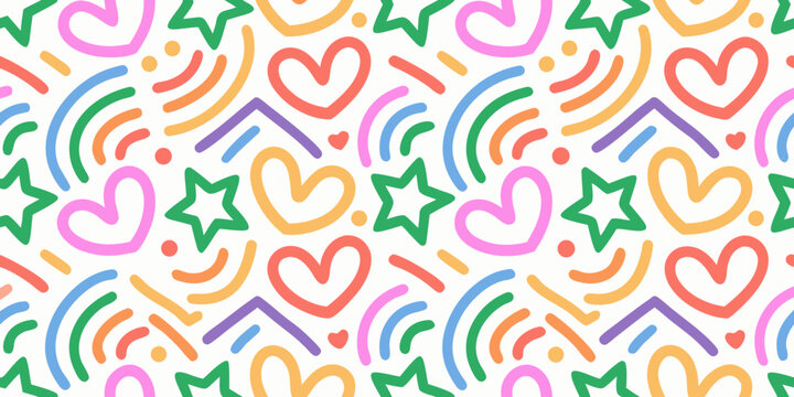 Colorful pattern of hearts stars squiggles and hooks on a white background high quality professional