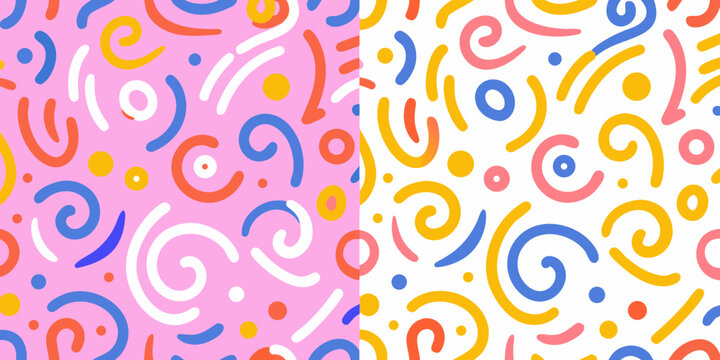 Colorful abstract squiggle pattern with loops and dots on a pink and white background