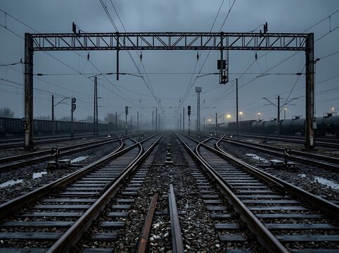 Train tracks stretching into the distance on a cloudy day