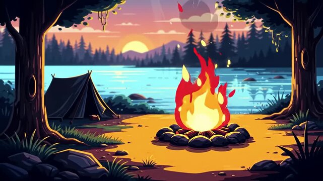 Campground lakeside scene with tent, fire, trees, and sunset backdrop
