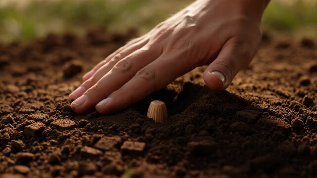 Hand planting a single wooden dowel or seed in rich dark soil, close-up macro shot, symbolizing agriculture, gardening, new beginnings, growth and sustainability