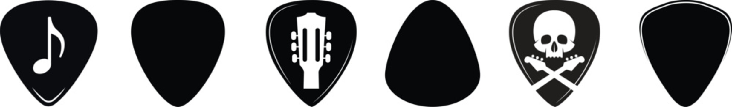 Hand drawn guitar picks icon set, black solid pick in simple design, isolated on transparent background, Music Symbol Emblem simple shape silhouette. mockup template used for mobile apps, logo design.