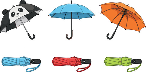 Colorful umbrella collection featuring open panda design blue orange and folded portable versions isolated on white background. © Sufea