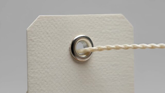 Close-up on a light beige textured tag with a metal grommet and a braided white string threaded through it on a plain gray background
