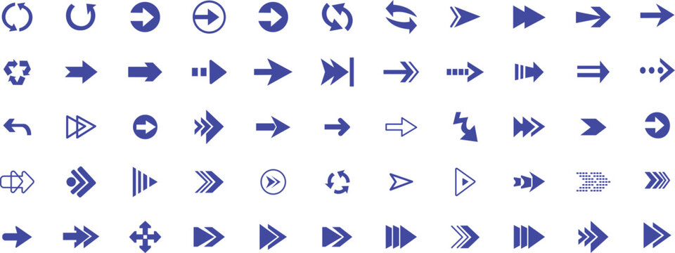 Collection of various blue arrow and symbols on white background direction navigation